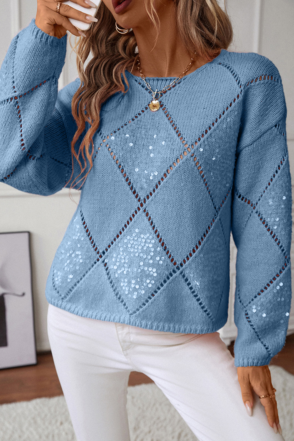 Light Pink Hollowed Rhombus Pattern Sequin Detail Round Neck Sweater
