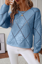 Light Pink Hollowed Rhombus Pattern Sequin Detail Round Neck Sweater
