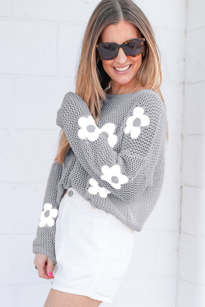 Light Pink Big Flower Hollowed Knit Drop Shoulder Sweater