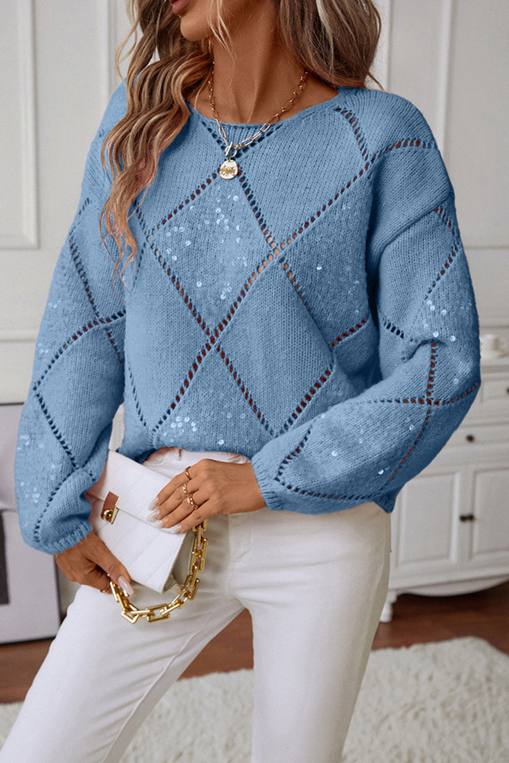 Light Pink Hollowed Rhombus Pattern Sequin Detail Round Neck Sweater