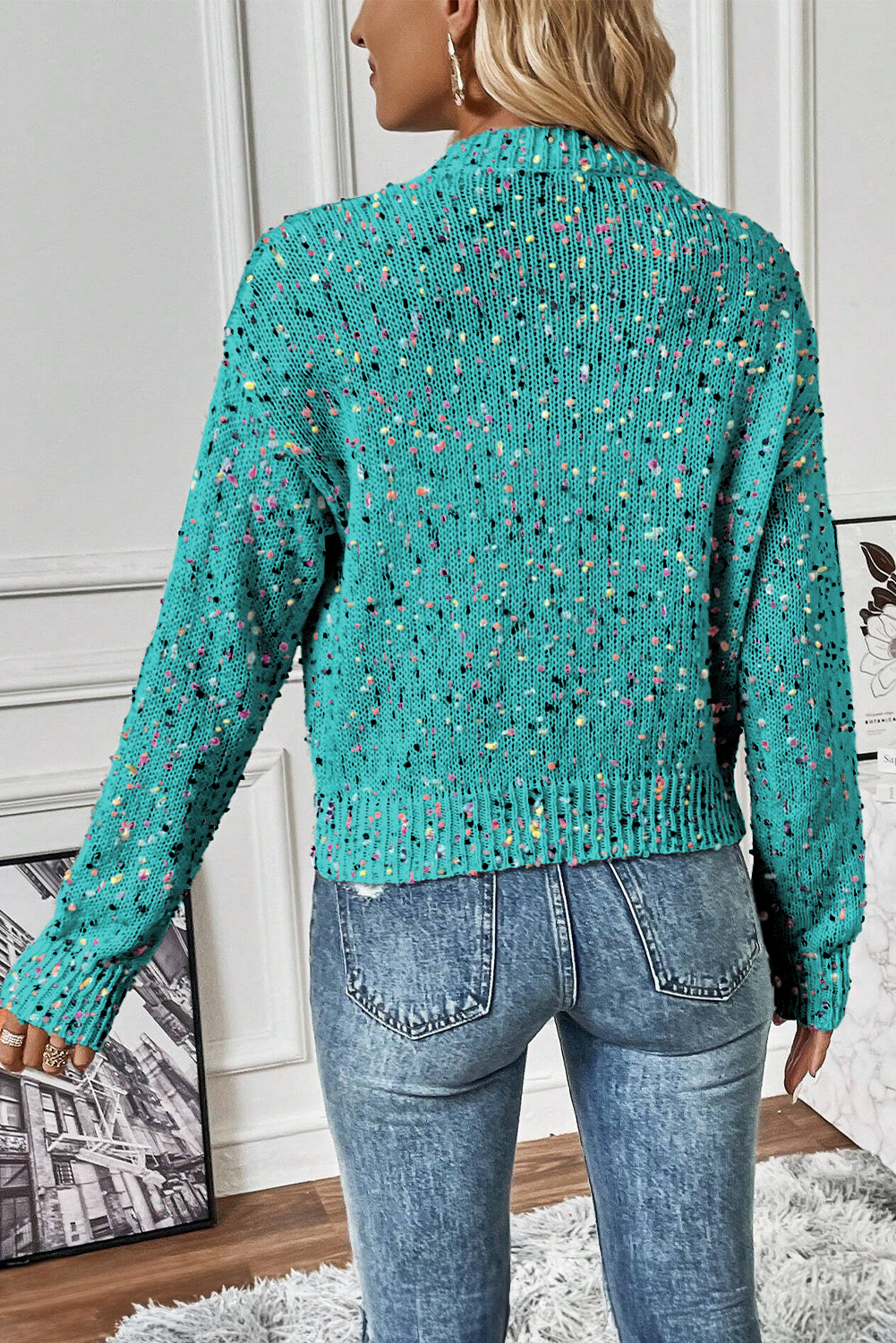 Black Rhinestone Decor Multicolor Confetti Sweater Cardigan