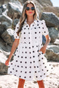 White Polka Dot Print Short Sleeve Collar Buttoned Tiered Babydoll Dress