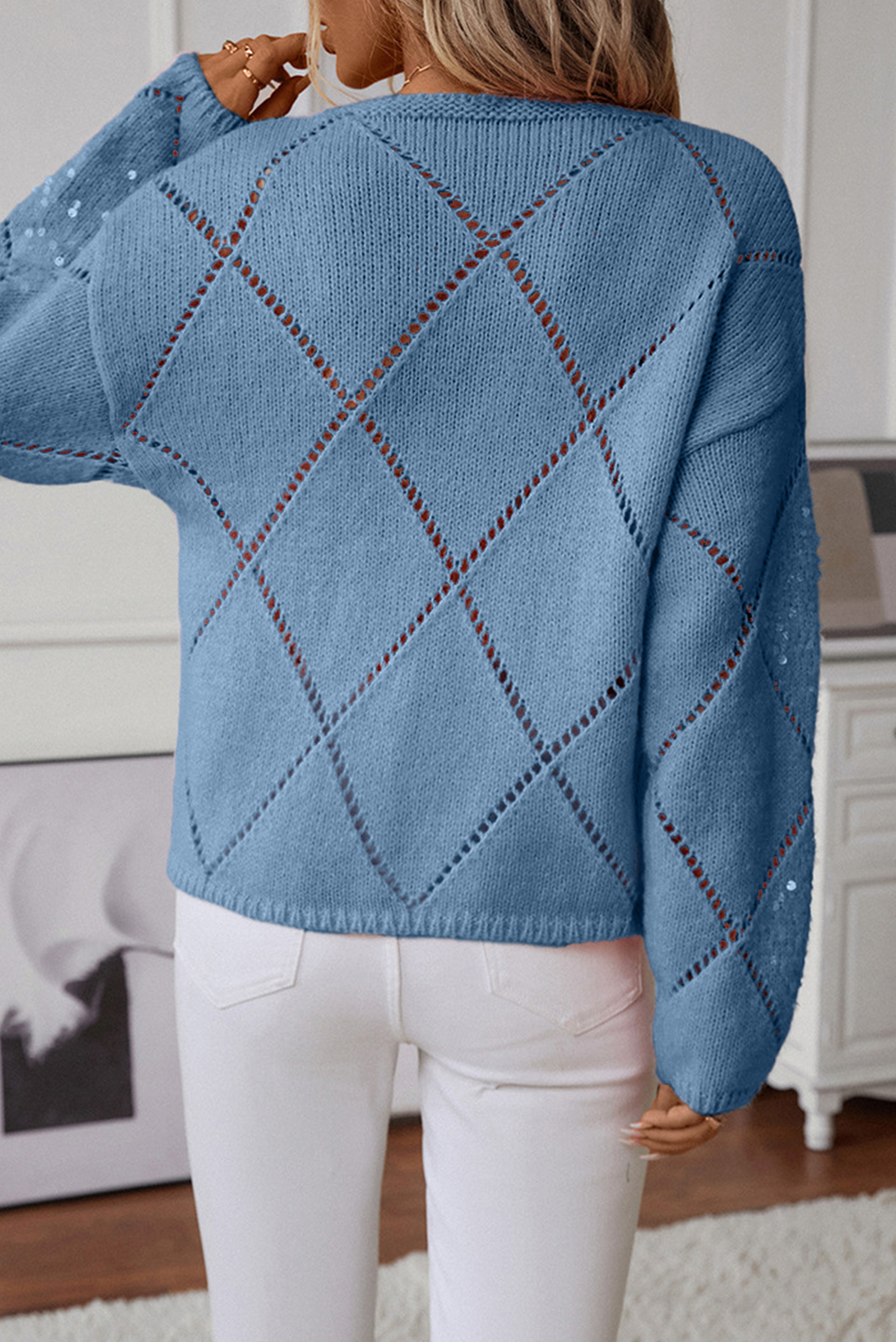 Light Pink Hollowed Rhombus Pattern Sequin Detail Round Neck Sweater