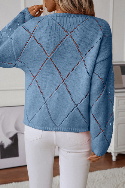 Light Pink Hollowed Rhombus Pattern Sequin Detail Round Neck Sweater