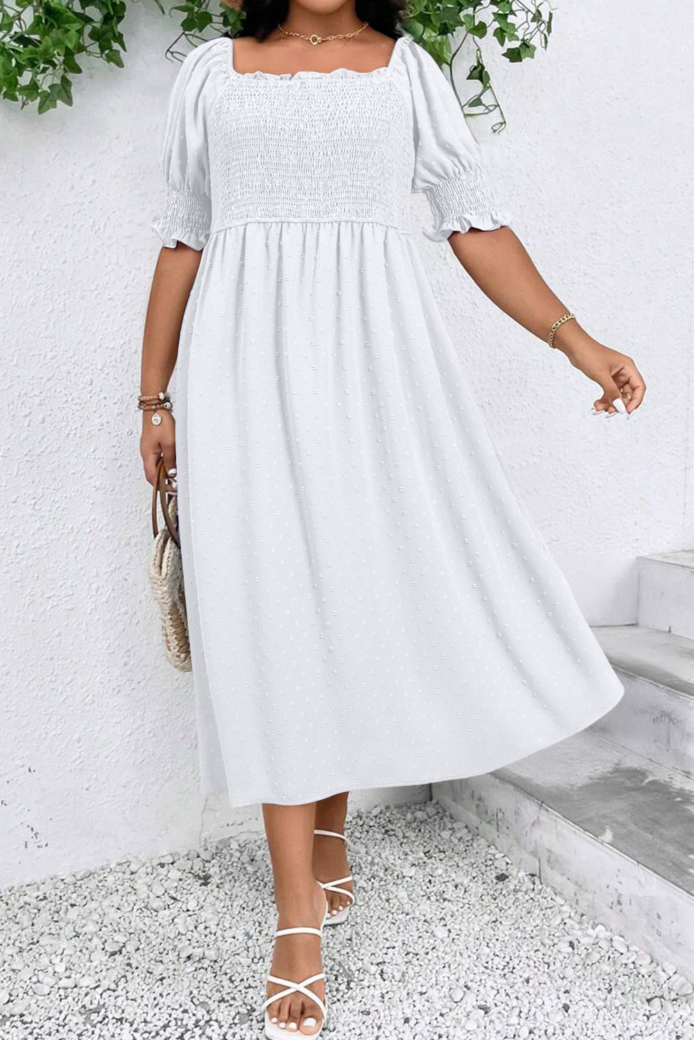 Wisteria Swiss Dot Smocked Frilled Neckline Short Sleeve Plus Size Dress