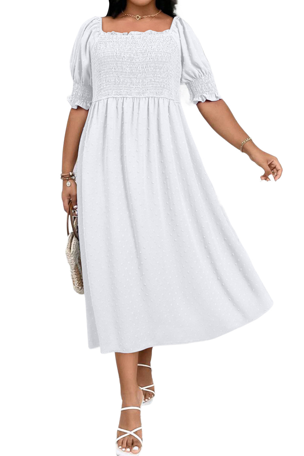 Wisteria Swiss Dot Smocked Frilled Neckline Short Sleeve Plus Size Dress