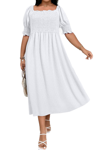 Wisteria Swiss Dot Smocked Frilled Neckline Short Sleeve Plus Size Dress
