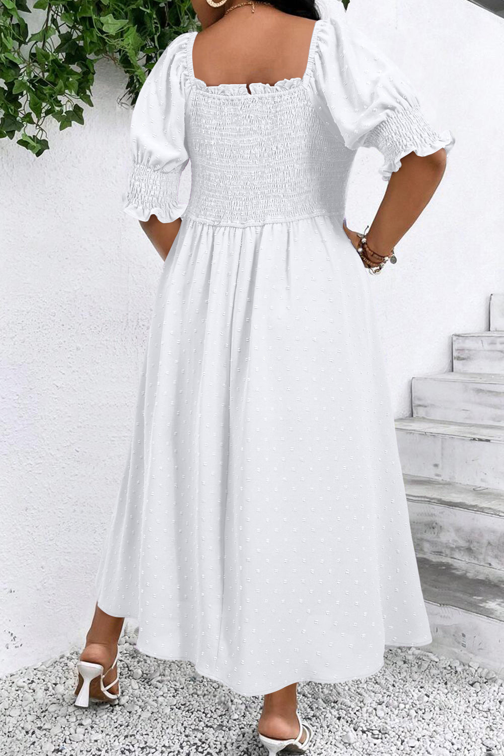 Wisteria Swiss Dot Smocked Frilled Neckline Short Sleeve Plus Size Dress