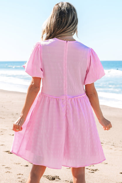 Bonbon Textured Bubble Sleeve High Waist Mini Dress